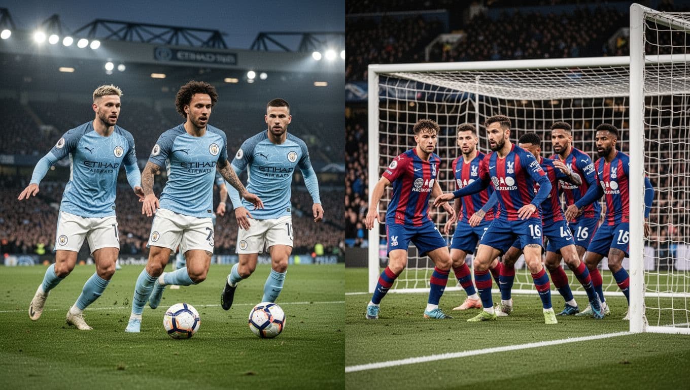 Split screen: Manchester City players advance with ball near goal on left, Crystal Palace defend compactly on right at Etihad Stadium.