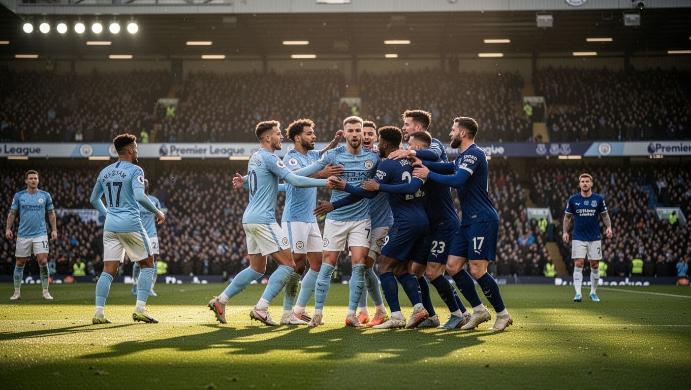 Manchester City in sky blue jerseys overpower Everton in blue jerseys during Premier League match in full floodlit stadium.