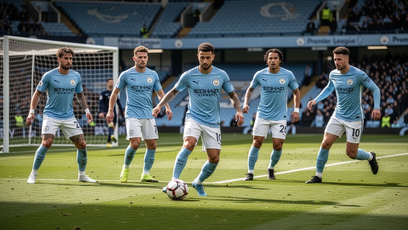 Five Manchester City players in sky blue jerseys play dynamically on green Premier League pitch with stadium background.