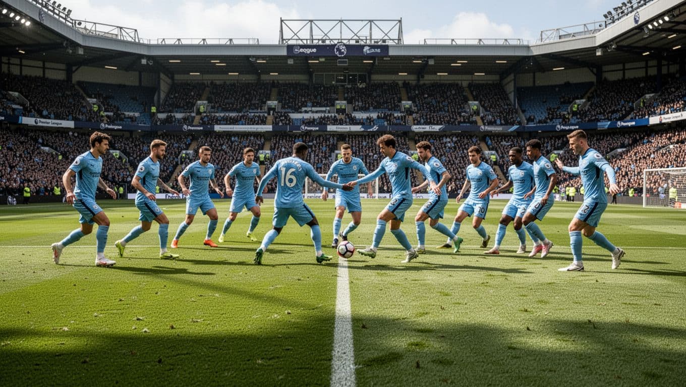 Manchester City players in sky blue jerseys pass ball in midfield on green pitch with stadium fans.