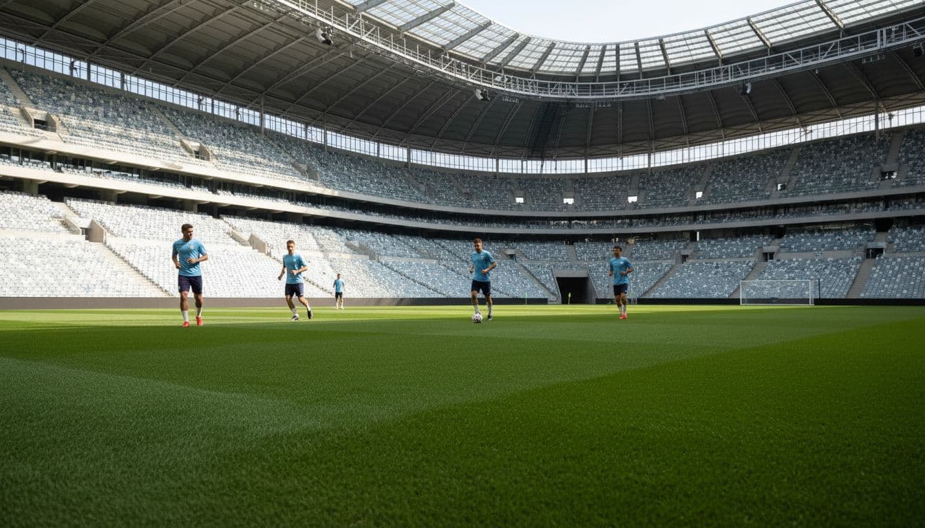 Four players in light blue jerseys practice on the lush green pitch of an empty stadium.