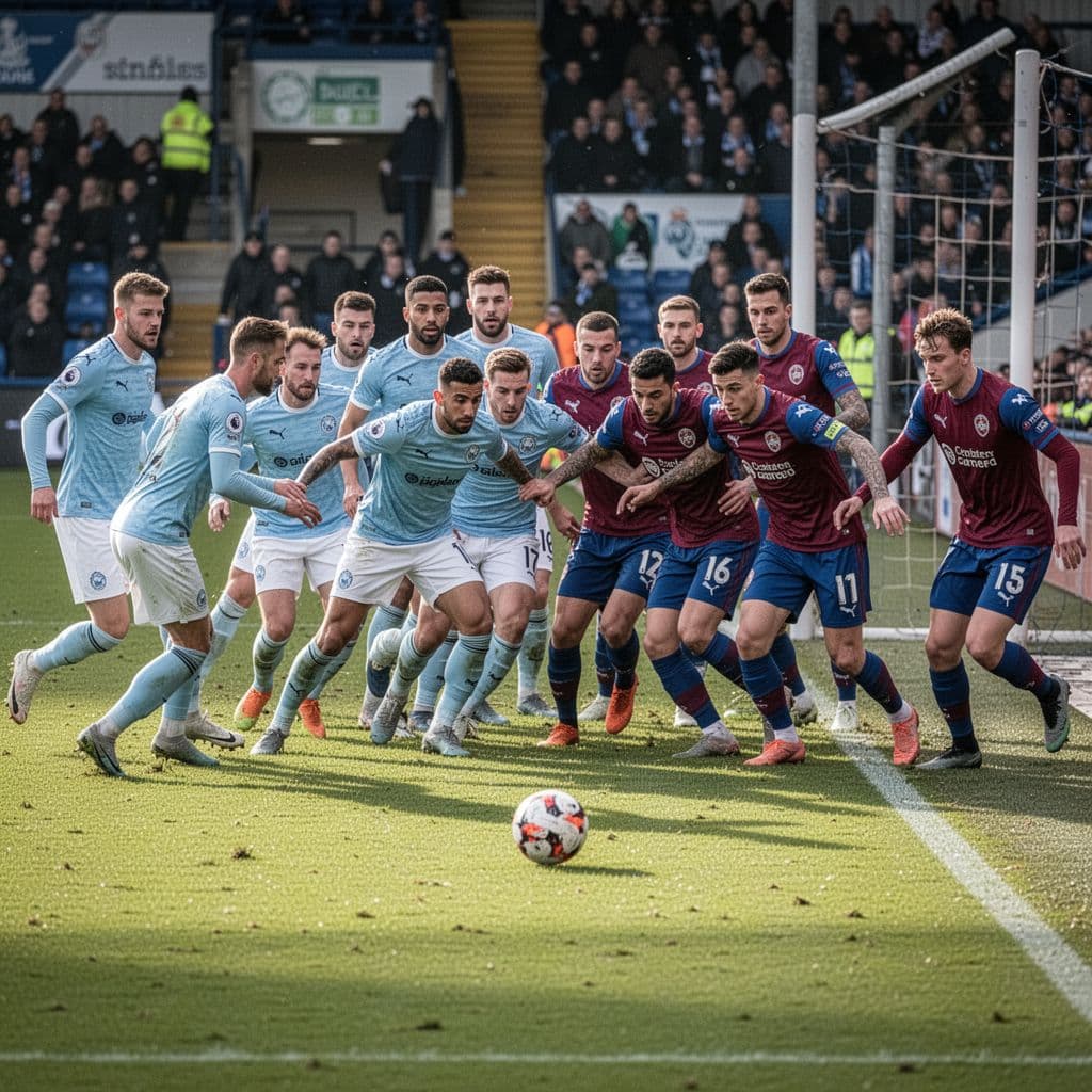 Manchester City players in blue jerseys apply defensive pressure on Aston Villa players near the pitch sideline.