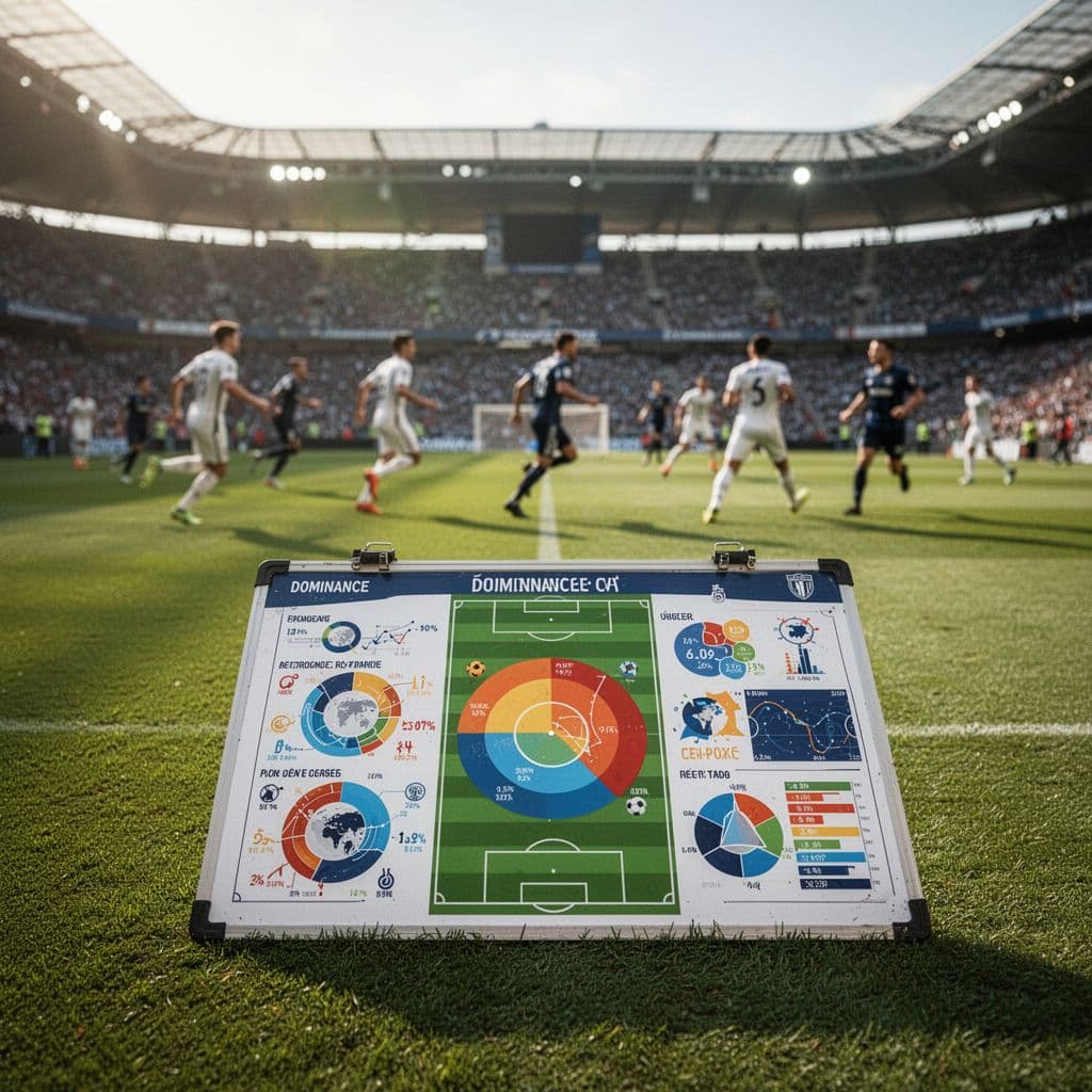 Tactical board showing soccer game statistics in focus, blurred players on stadium pitch behind.