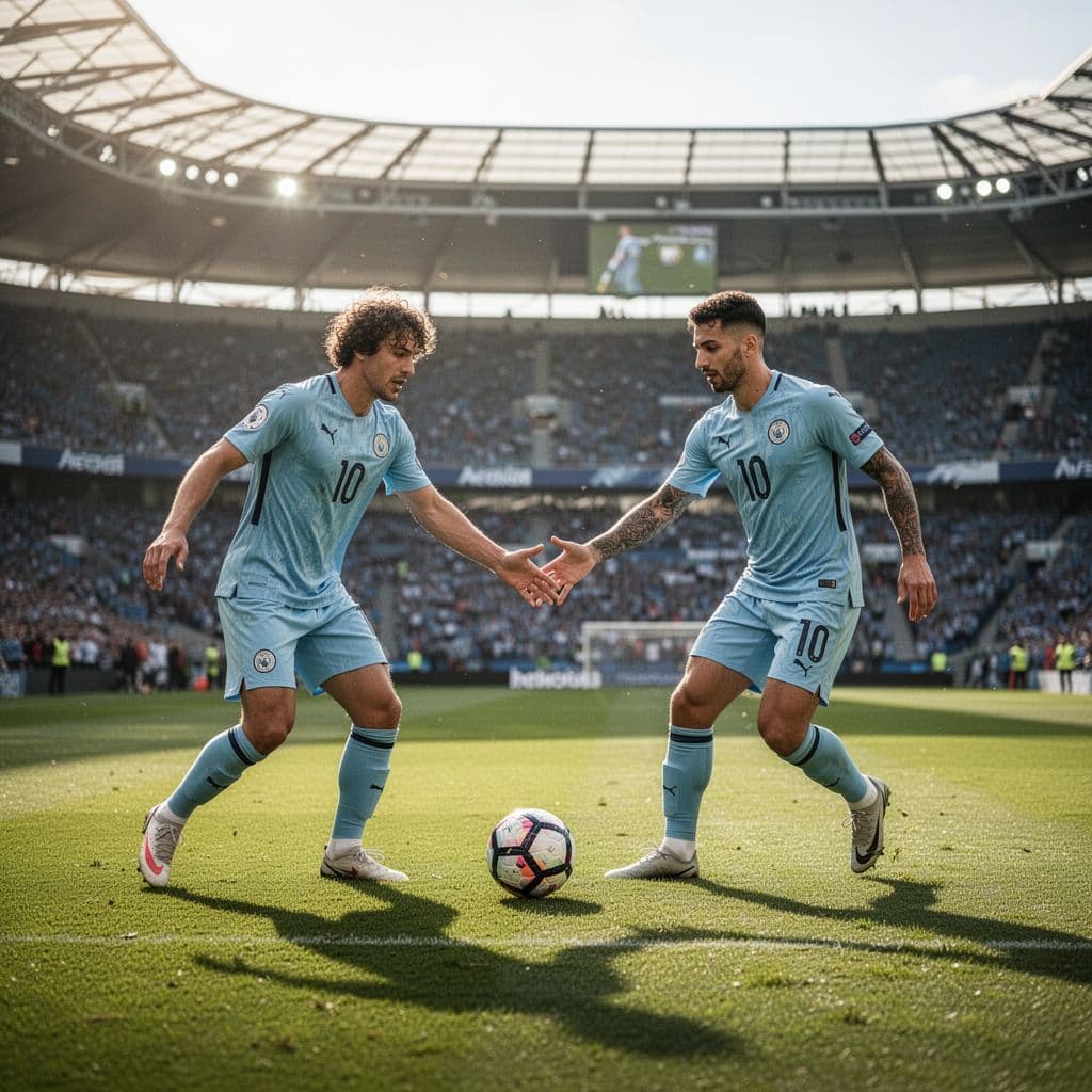 Dua pemain Manchester City berkolaborasi di Etihad Stadium pada hari cerah.