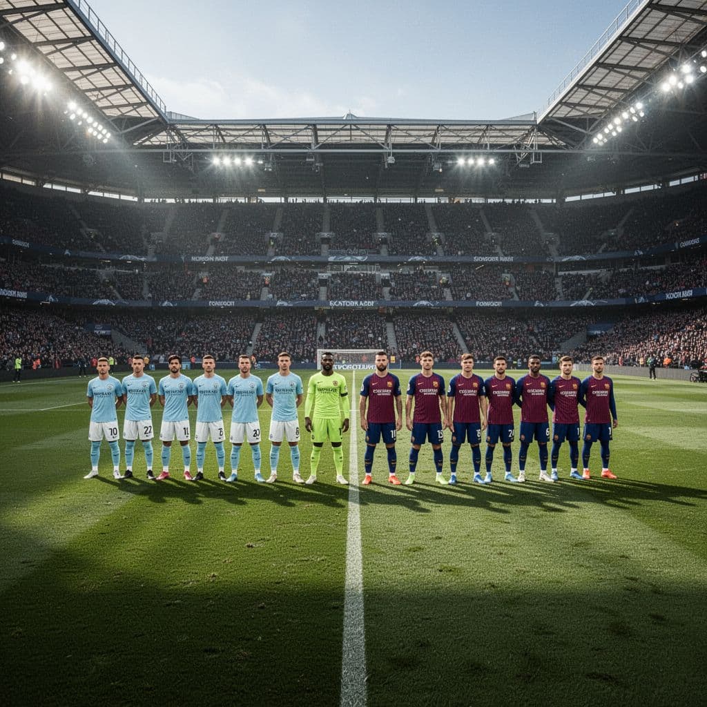 Professional football players in blue and claret uniforms stand on a large stadium pitch before a match.