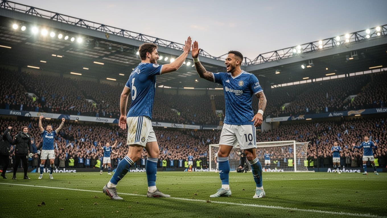 Two Manchester United players high-five celebrating quick goals at Old Trafford amid cheering crowd and evening lights.