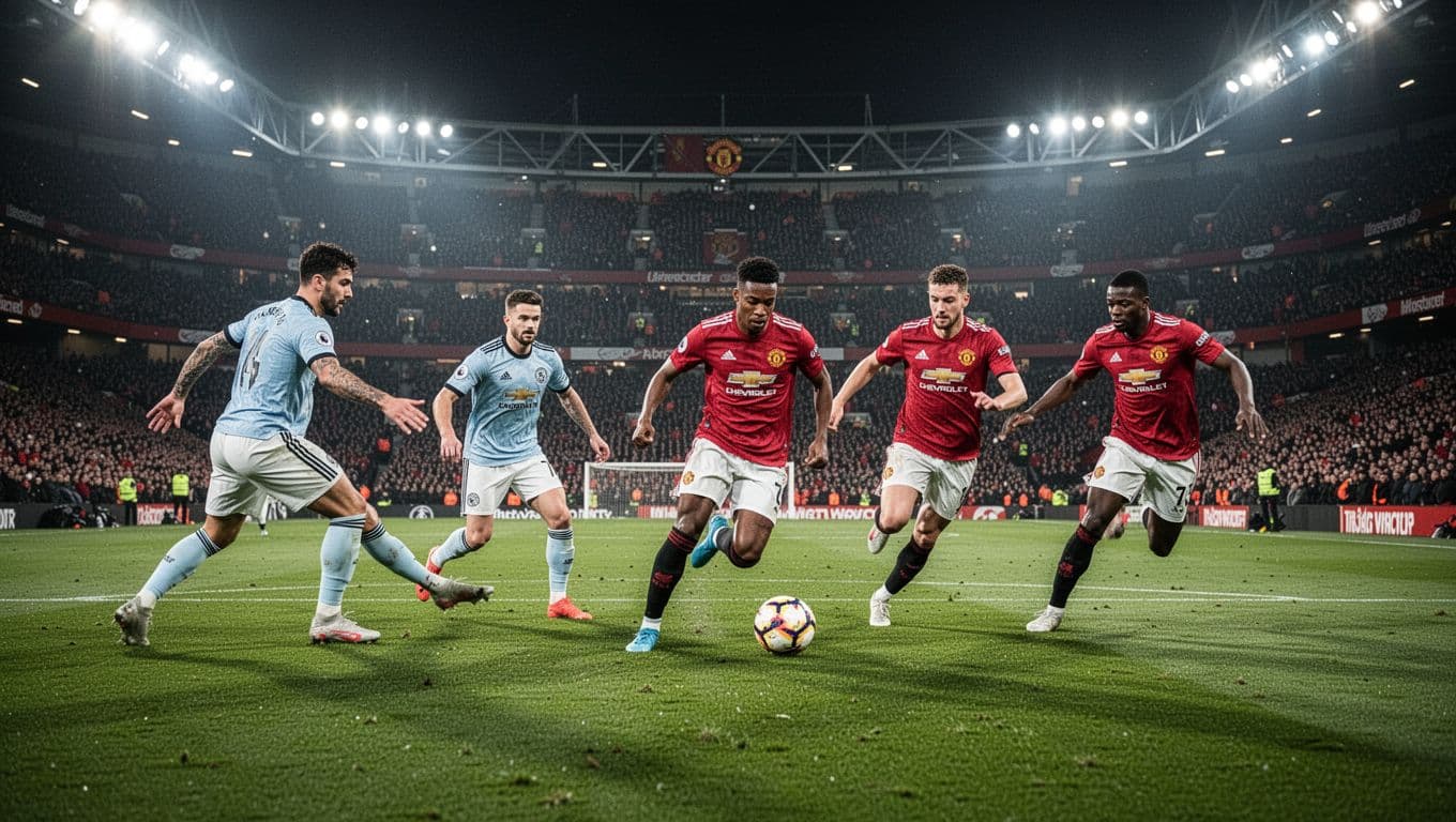 Five Manchester United players transition quickly from defense to attack on green pitch under stadium floodlights.