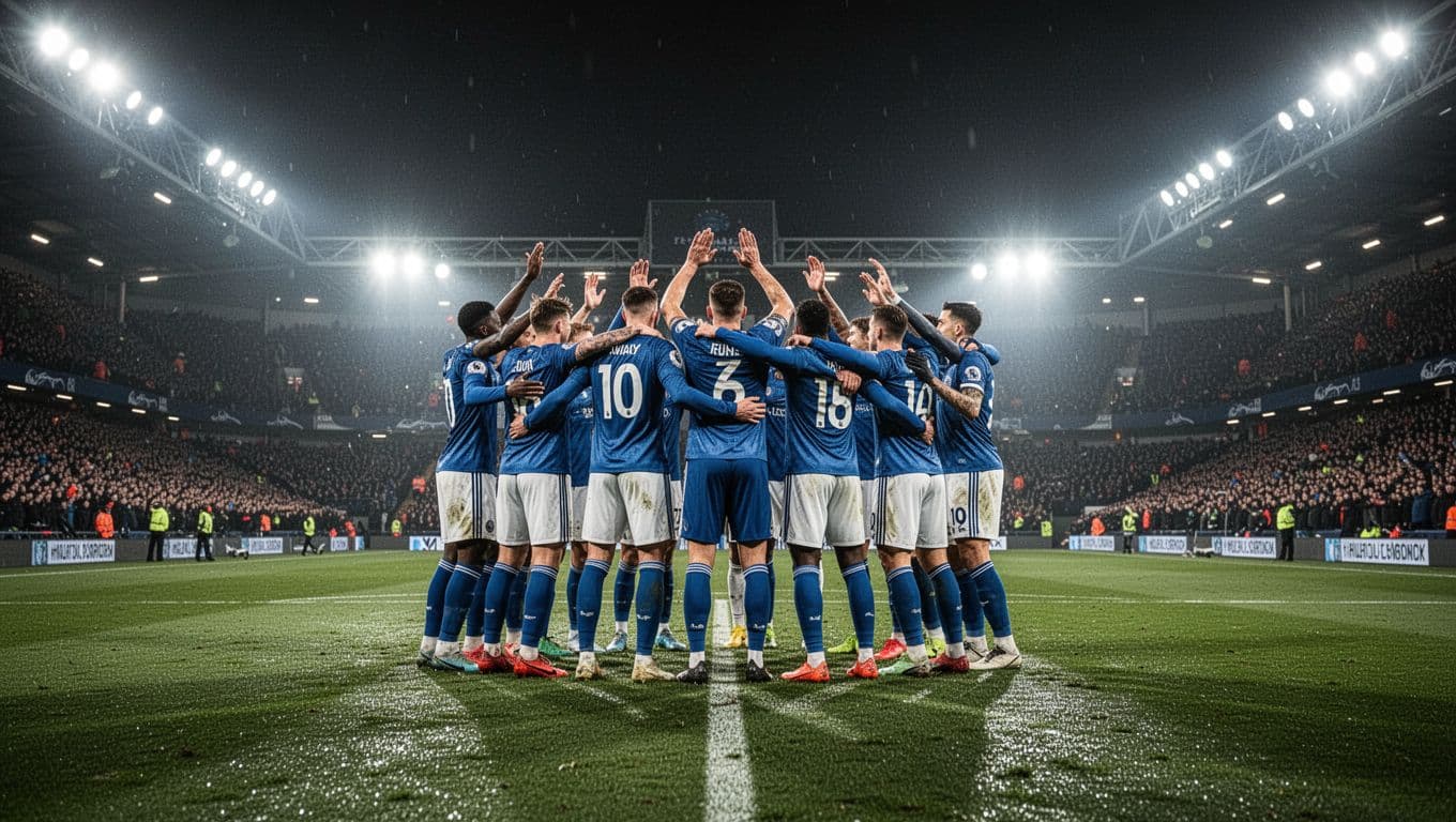 Eleven Manchester United players huddle with arms raised on night-lit away stadium pitch, crowd in background.