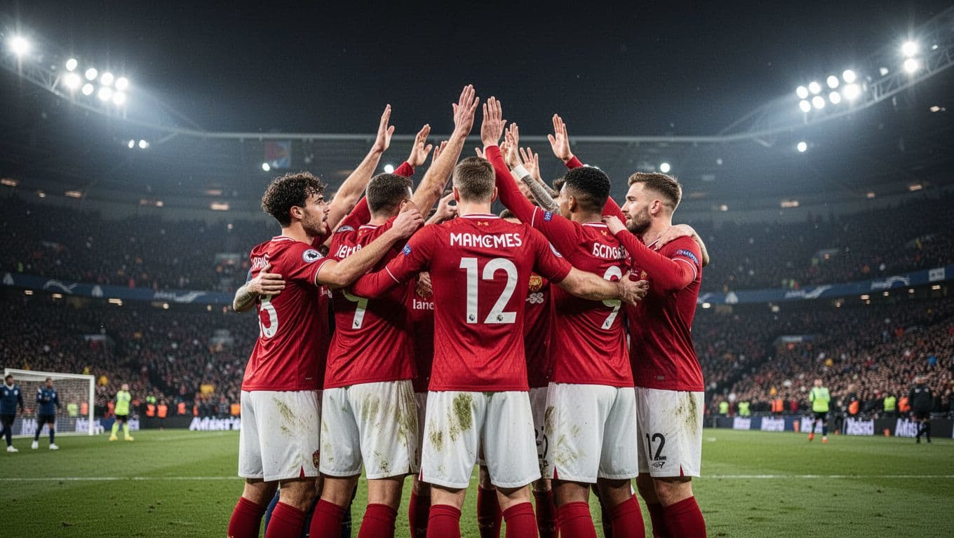 Six Manchester United players in red jerseys huddle with arms raised under floodlights at Stadium of Light, blurred fans in stands.