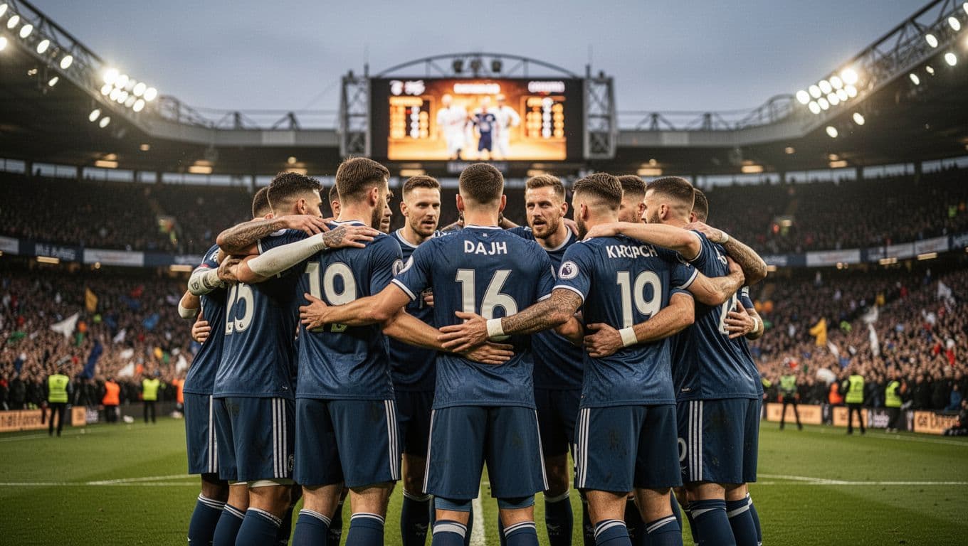 Manchester United players huddle at Old Trafford after 3-2 win, scoreboard shows improved standings, evening lights and blurred fans.