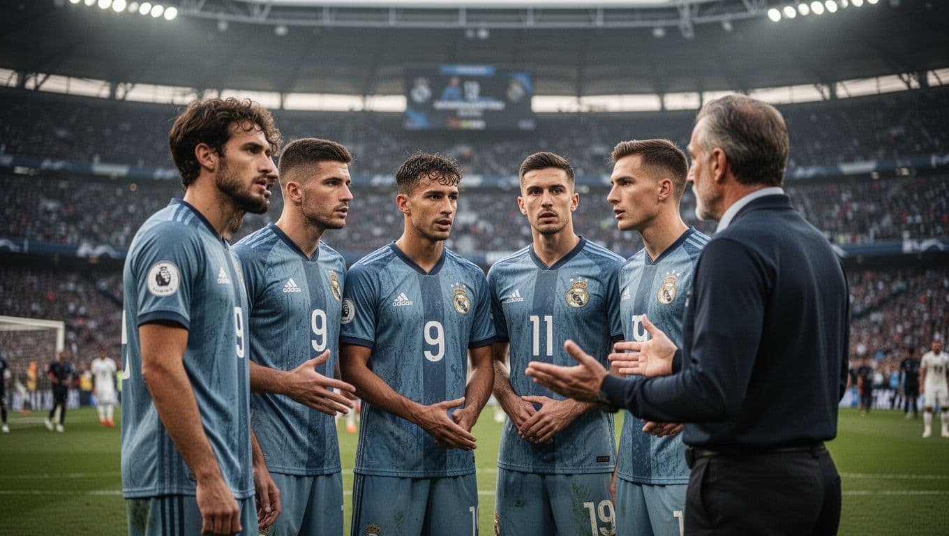 Manchester United players huddle focused on sideline with motivating coach after equalizer at Old Trafford.