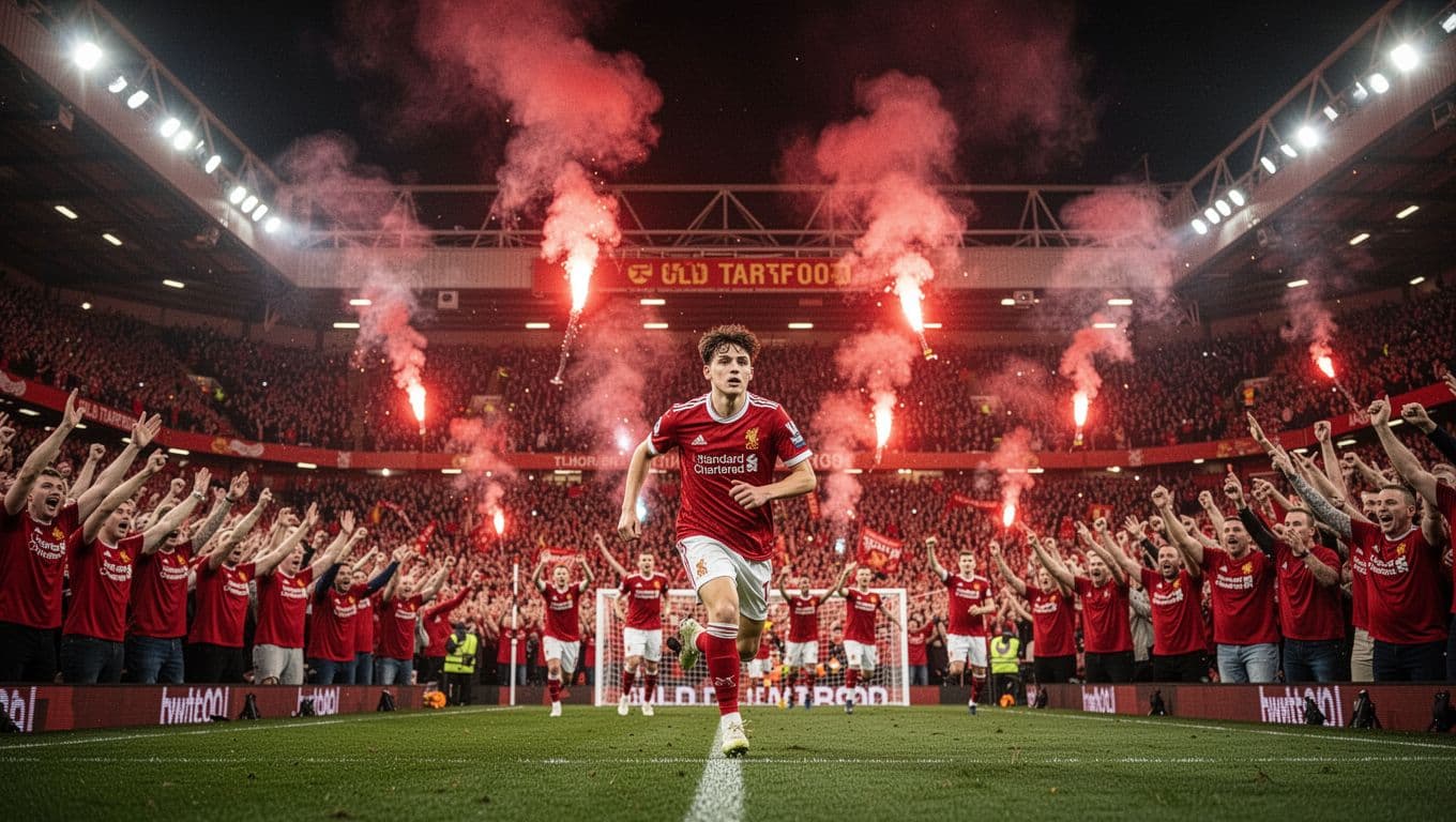 Manchester United fans in stands erupt with red flares as Kobbie Mainoo and players celebrate goal in night stadium.