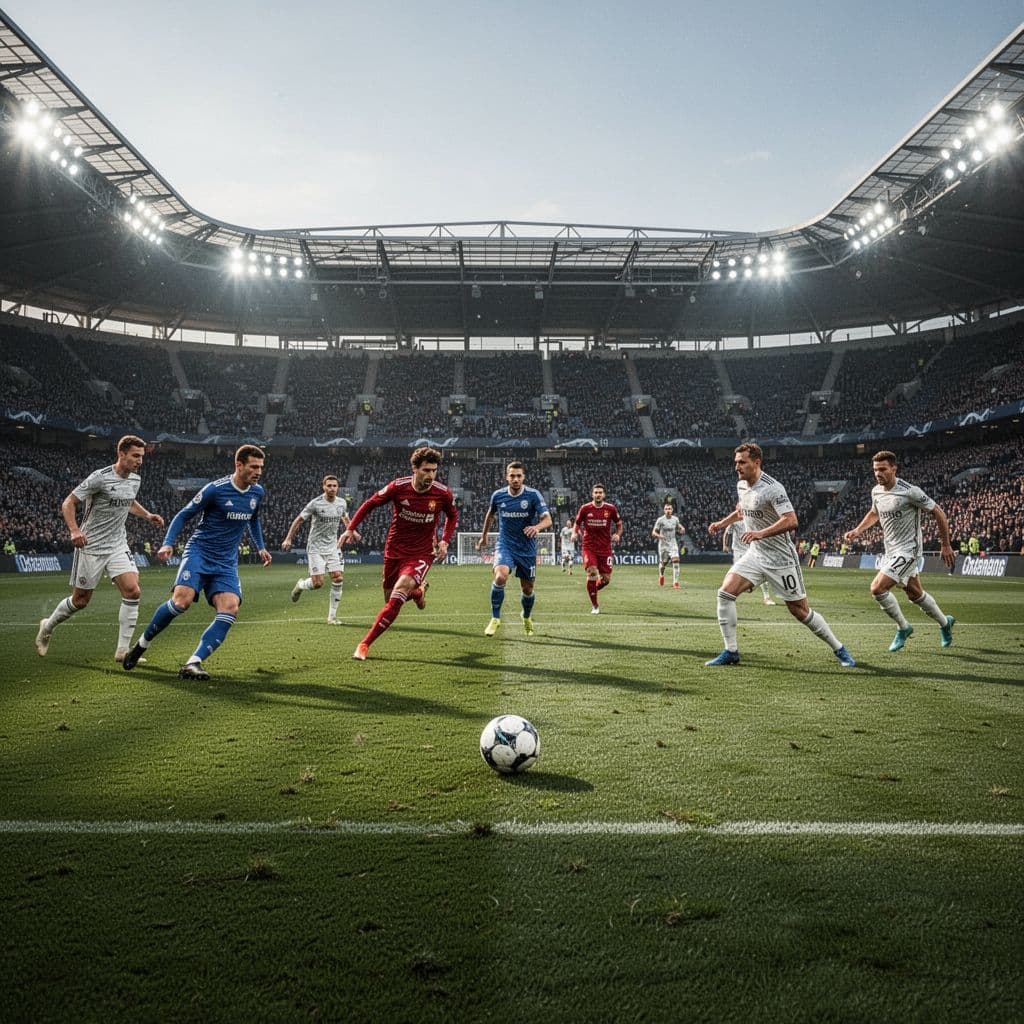 Wide shot of lit football stadium with professional players on green pitch during match.