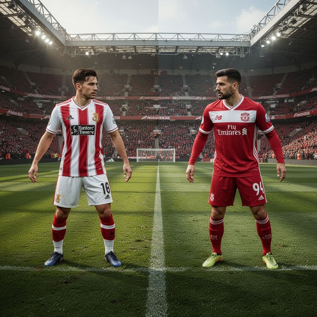 Split stadium view contrasts Manchester United red-white home colors with Nottingham Forest red-white away colors on lit grass pitch.