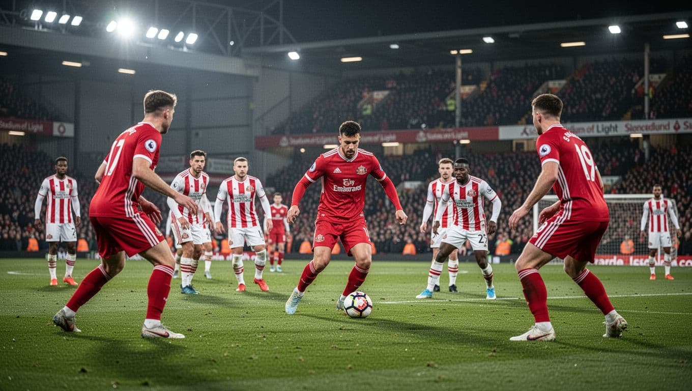 Manchester United players in red jerseys build from midfield against compact Sunderland defense under floodlights.