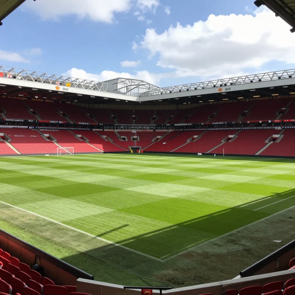 The lush green pitch of a historic English stadium sits perfectly manicured under bright sunlight. The grand red seating tiers rise sharply around the field, showcasing iconic architectural details before kickoff.