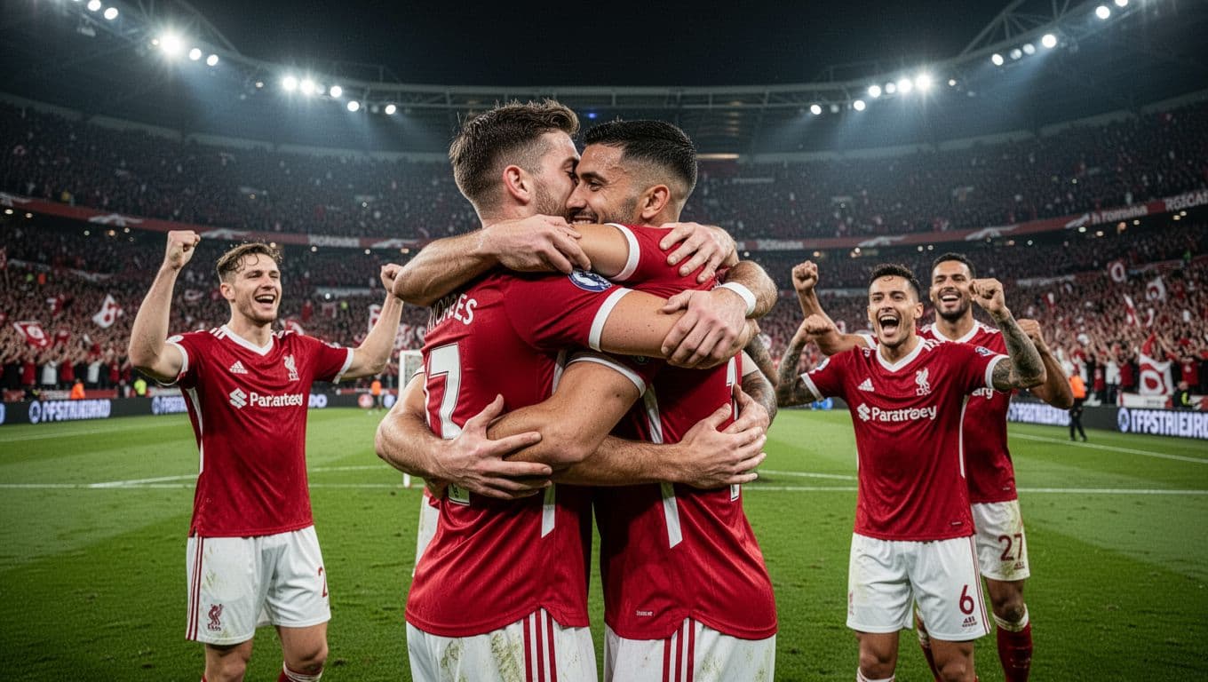 Bruno Fernandes and Kobbie Mainoo hug teammates on Old Trafford pitch with cheering fans in background.