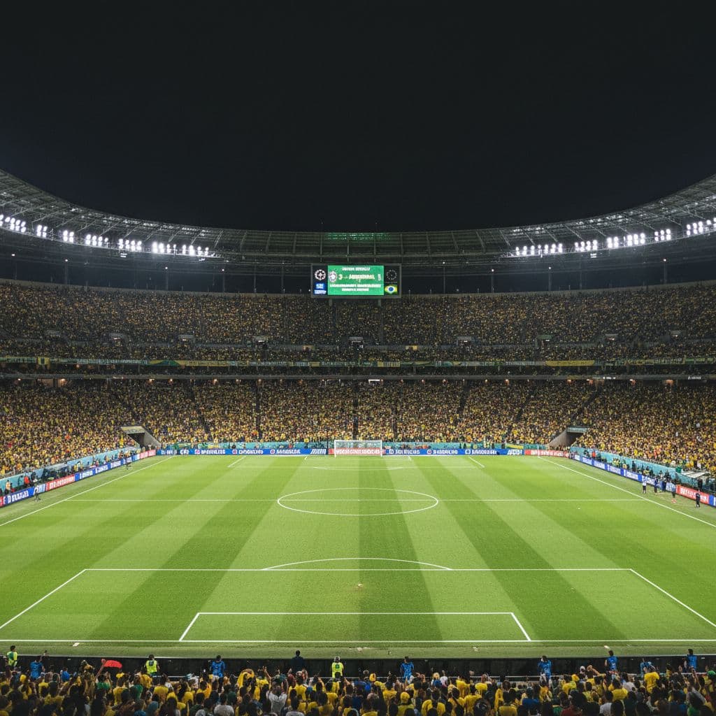Bright stadium floodlights illuminate the vibrant green pitch of the Maracana while thousands of fans in yellow jerseys fill the stands, creating a dense, electric atmosphere during a high-stakes night game.