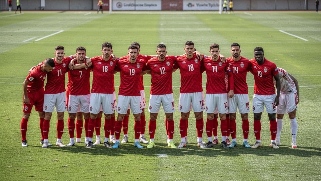 Players in red jerseys stand in a perfectly aligned horizontal row across a bright green grass pitch. The athletes maintain a disciplined posture while scanning the field for oncoming opposing players.