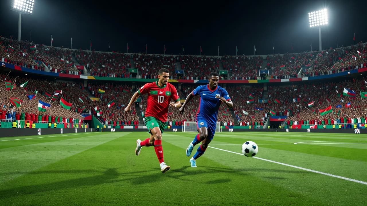 Two professional athletes sprint across a lush green pitch toward a ball during a night game. Bright stadium floodlights illuminate the packed grandstands surrounding the intense competition on the field.