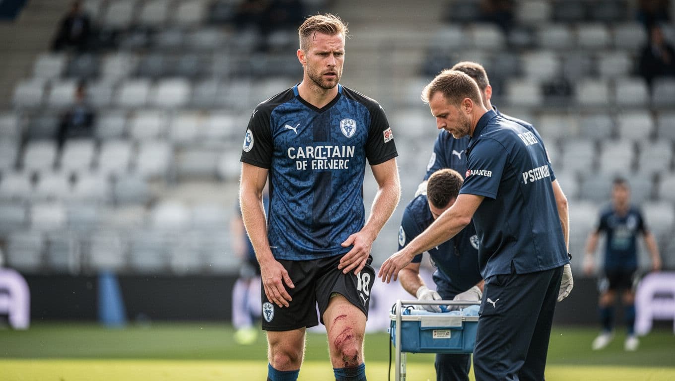 Atalanta captain Marten de Roon in blue-black kit clutches his thigh on Gewiss Stadium sidelines, concerned face, medical staff nearby, blurred seats background.