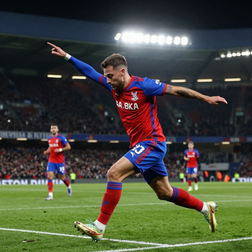A striker wearing a vibrant red and blue kit strikes the ball into the net under intense stadium floodlights. Defenders surround him on the damp grass during a high-stakes night match.