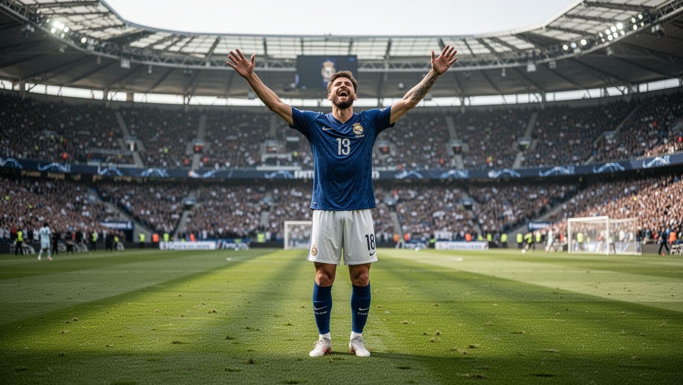 A professional athlete in a bright blue soccer jersey sprints across a lush grass pitch with arms outstretched. Behind him, the blurred, massive stadium stands are packed with cheering crowds.