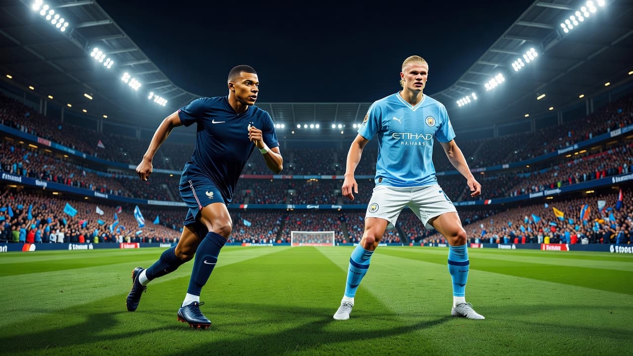 Two professional football players stand on a vast, illuminated pitch during a night match. Intense stadium spotlights cast dramatic shadows across the grass, highlighting the intense focus of both elite athletes.