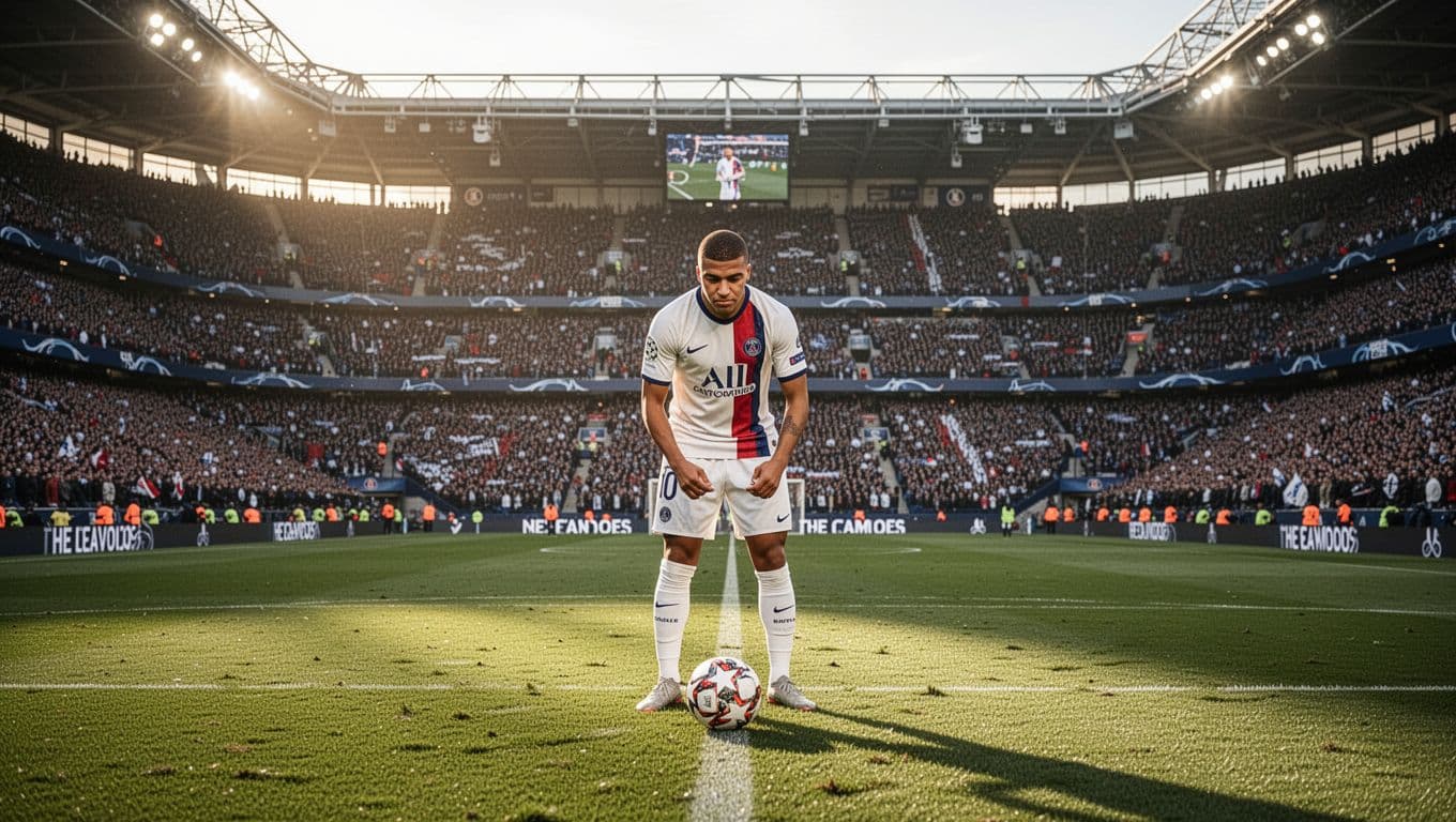 Kylian Mbappe berdiri fokus di depan titik penalti pada lapangan stadion yang besar. Penonton memenuhi tribun di latar belakang dengan pencahayaan matahari sore yang menerangi rumput hijau secara detail.