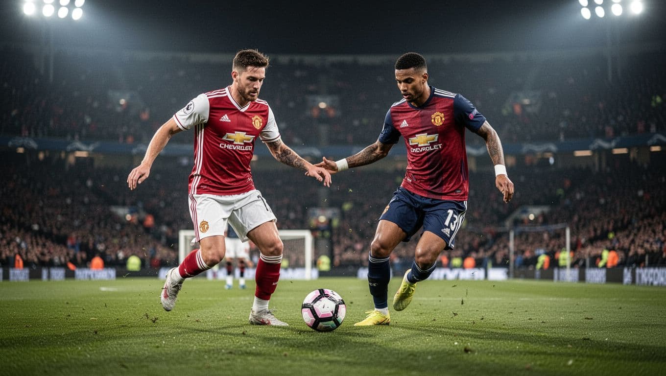 Mbappé and Vinícius Junior dribble and pass soccer ball on Santiago Bernabéu pitch under night lights, blurred crowd behind.