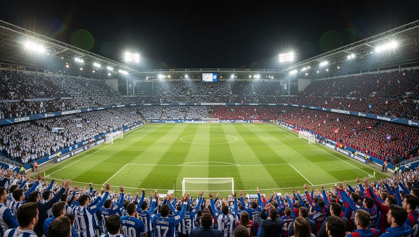 Wide nighttime view from upper stands of packed Mendizorrotza Stadium with Alaves blue-white fans and Barcelona blue-red fans, empty bright green field under stadium lights.