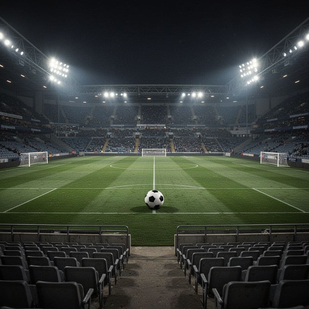Brightly lit green pitch of Mendizorrotza stadium from spectator view, single soccer ball in center, empty and tense.