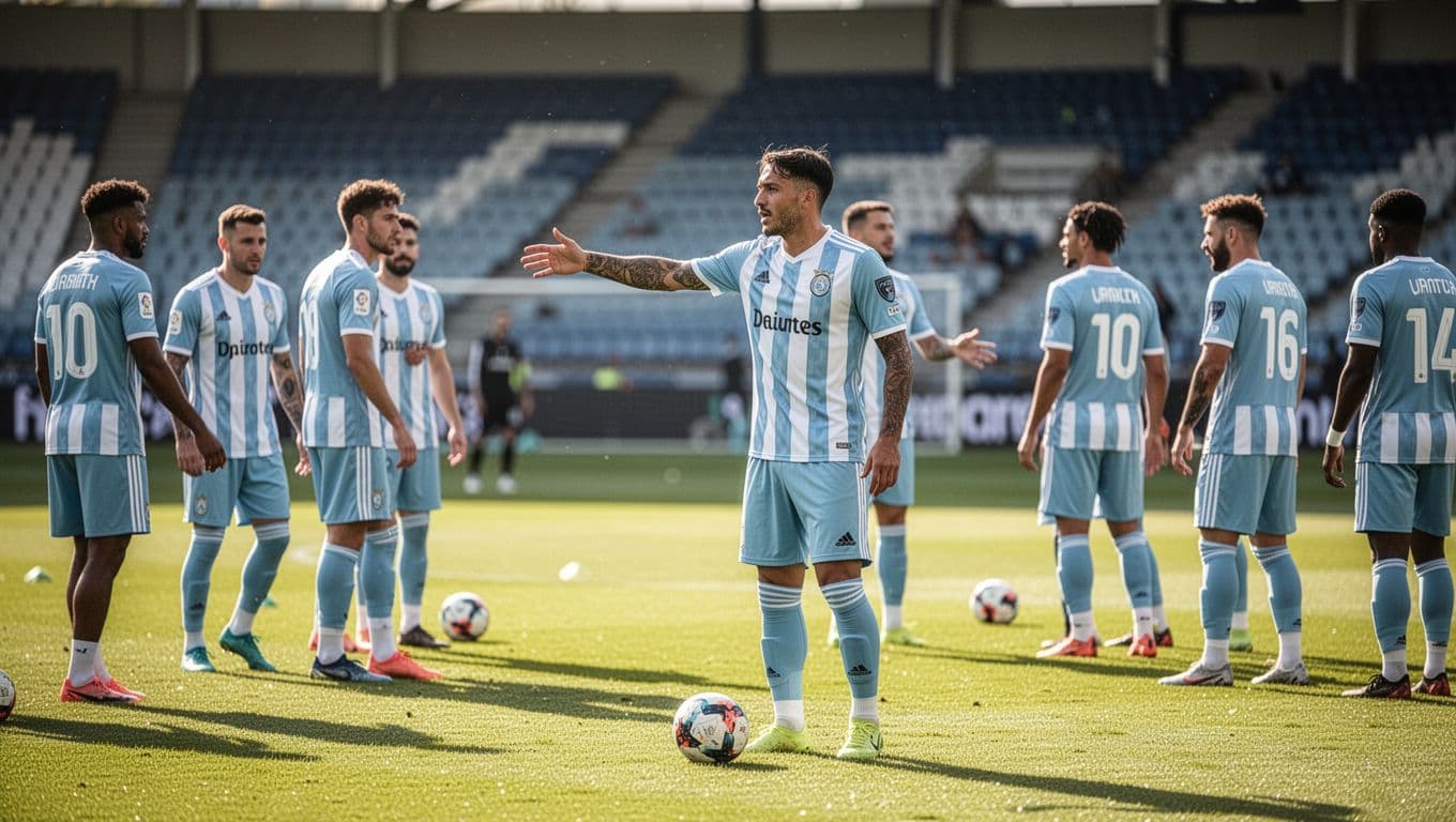A professional athlete in an Argentina kit stands on a lush green pitch, pointing directions to teammates during practice. Sunlight illuminates the scene with stadium seating blurred in the distance.