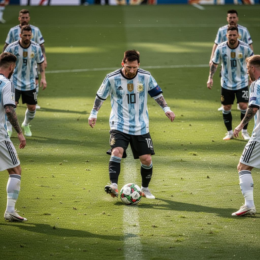 Lionel Messi berdiri di tengah lapangan hijau yang cerah sambil mengontrol bola dengan presisi. Ia mengenakan jersey Argentina dan fokus mengatur alur serangan tim di area tengah lapangan yang terbuka luas.