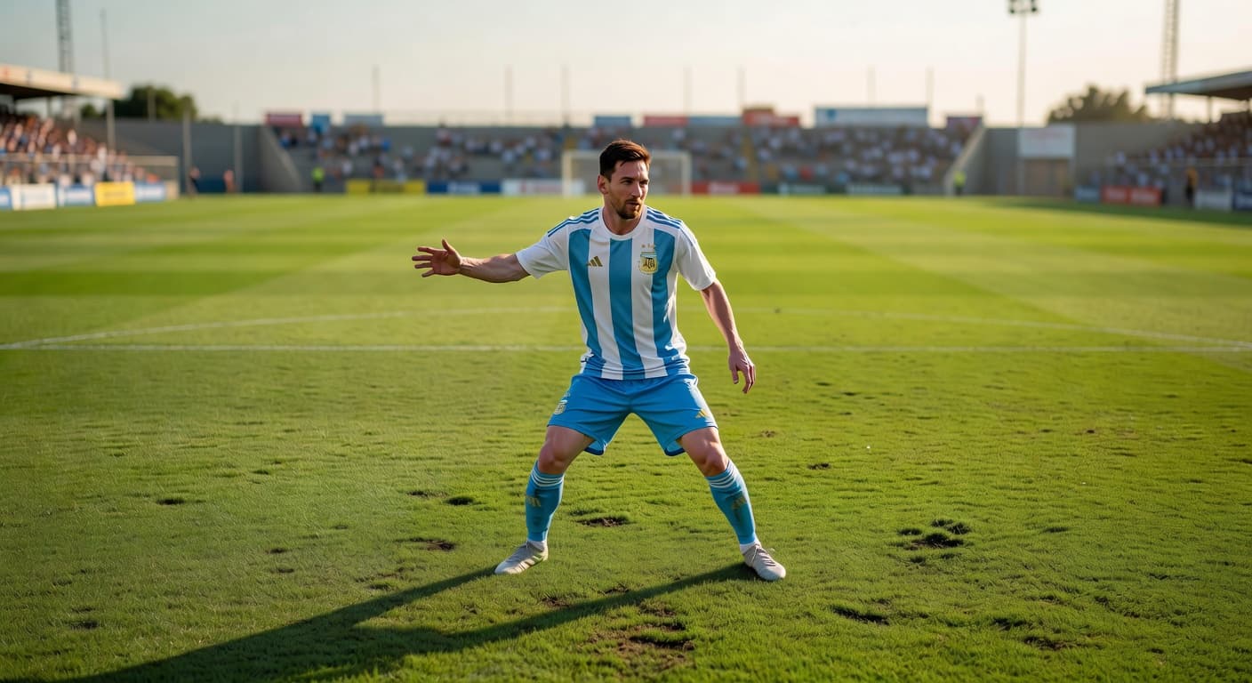 A soccer player in an Argentina national team kit stands on a lush green field. He gazes intensely forward while coordinating an attack with a blurred stadium in the background.