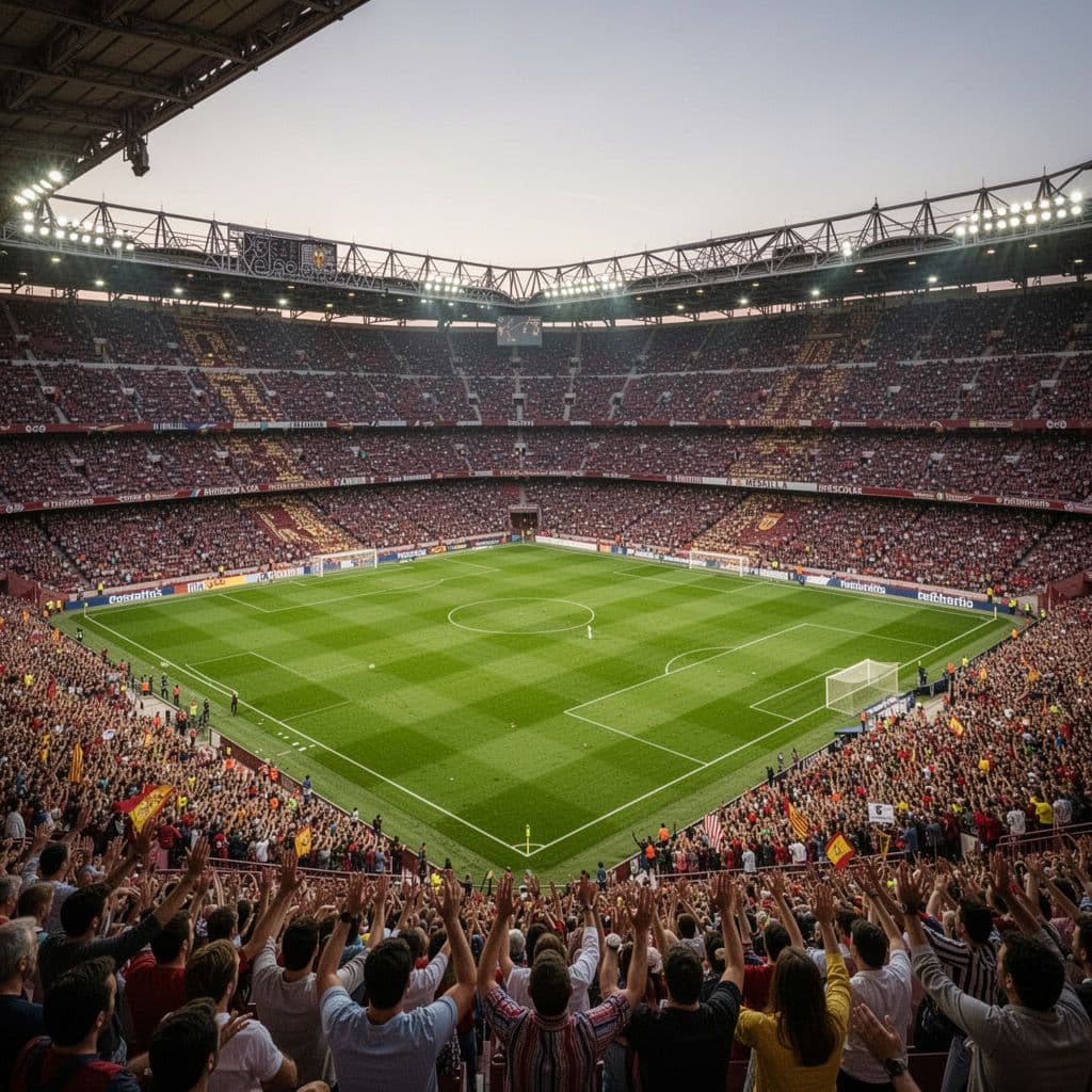 A high-angle view of the packed Mestalla stadium in Spain during an evening soccer match.