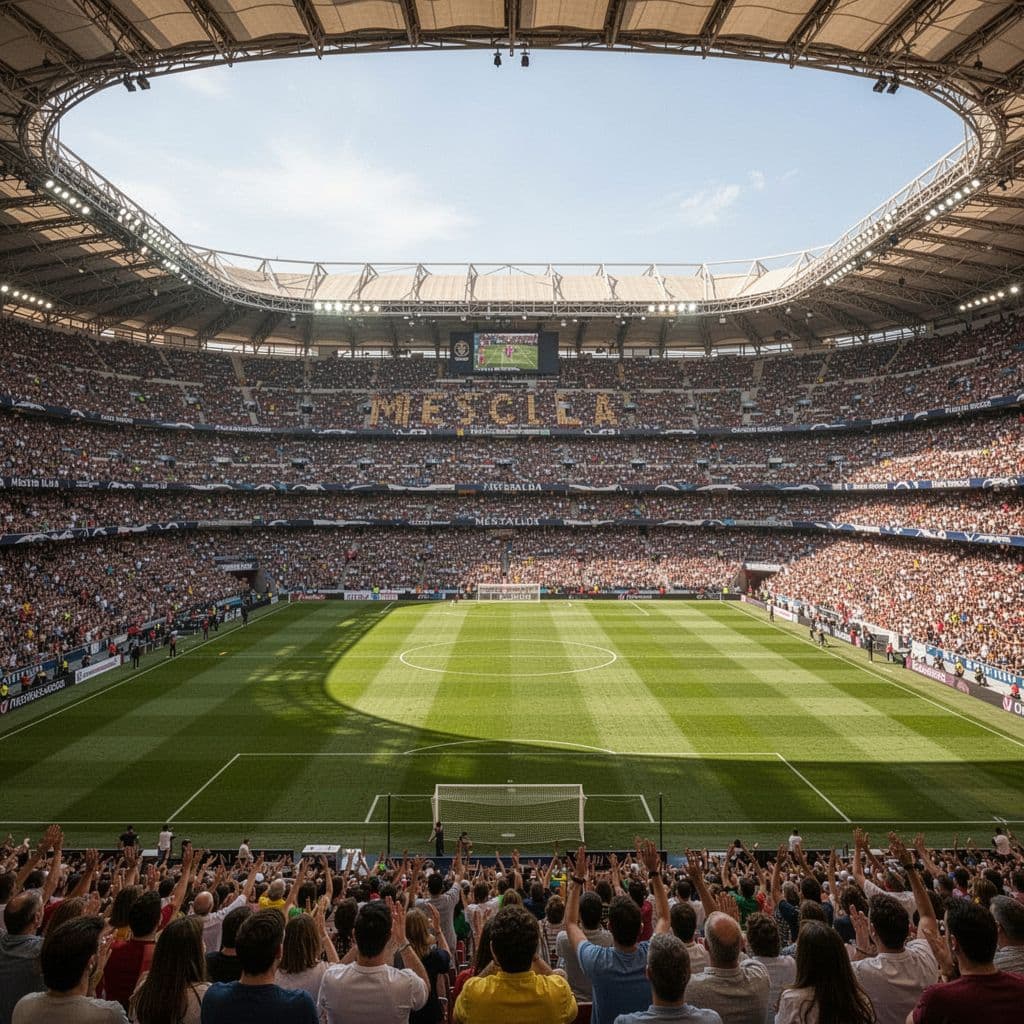 A wide angle view of a packed football stadium featuring a vibrant crowd and a green pitch.