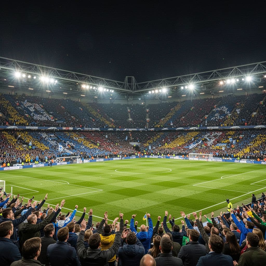 A packed historic stadium illuminated at night with a vibrant crowd filling the stands.