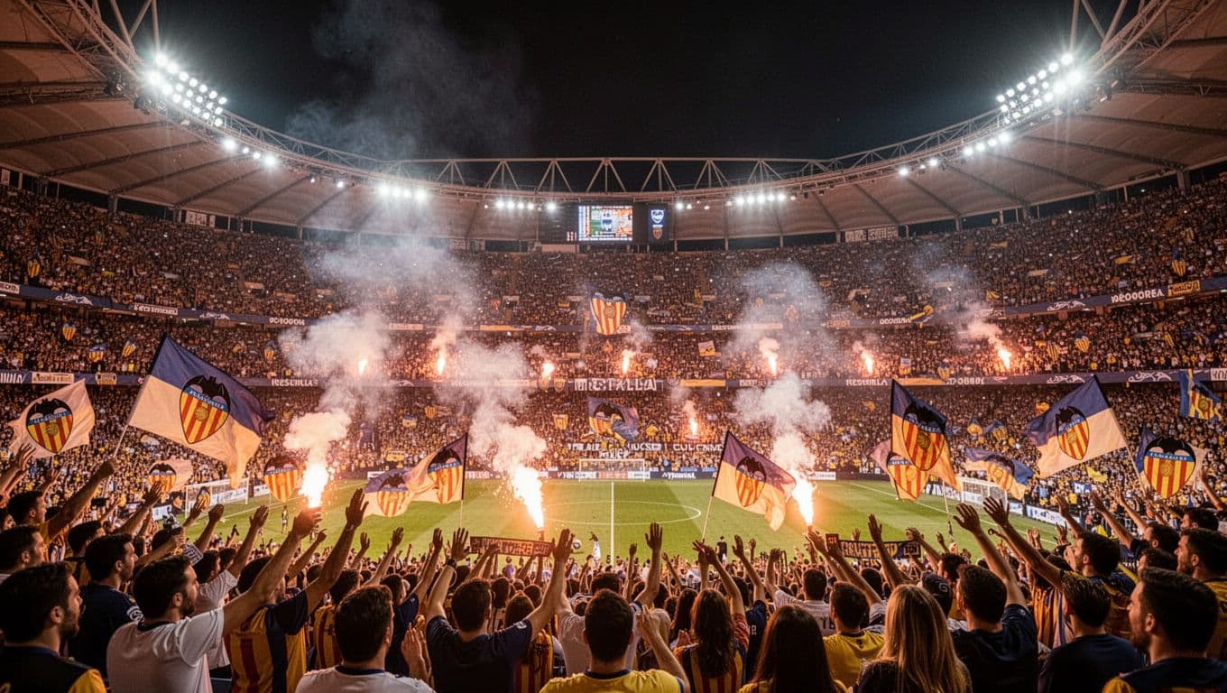 Mestalla stadium filled with Valencia CF supporters waving flares and flags from stands during night home game.