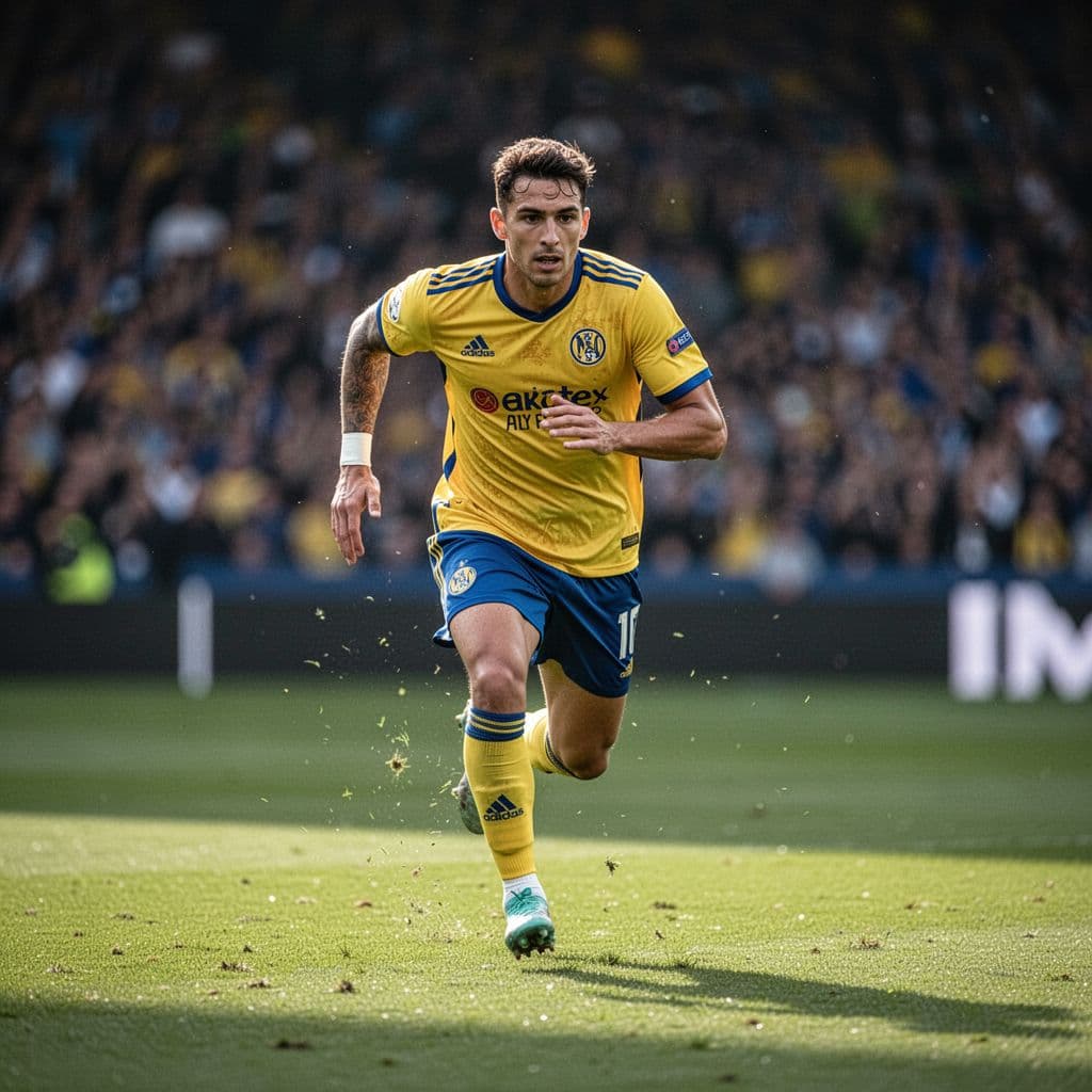 A soccer player in a yellow and blue kit sprints across a grass field during a match.