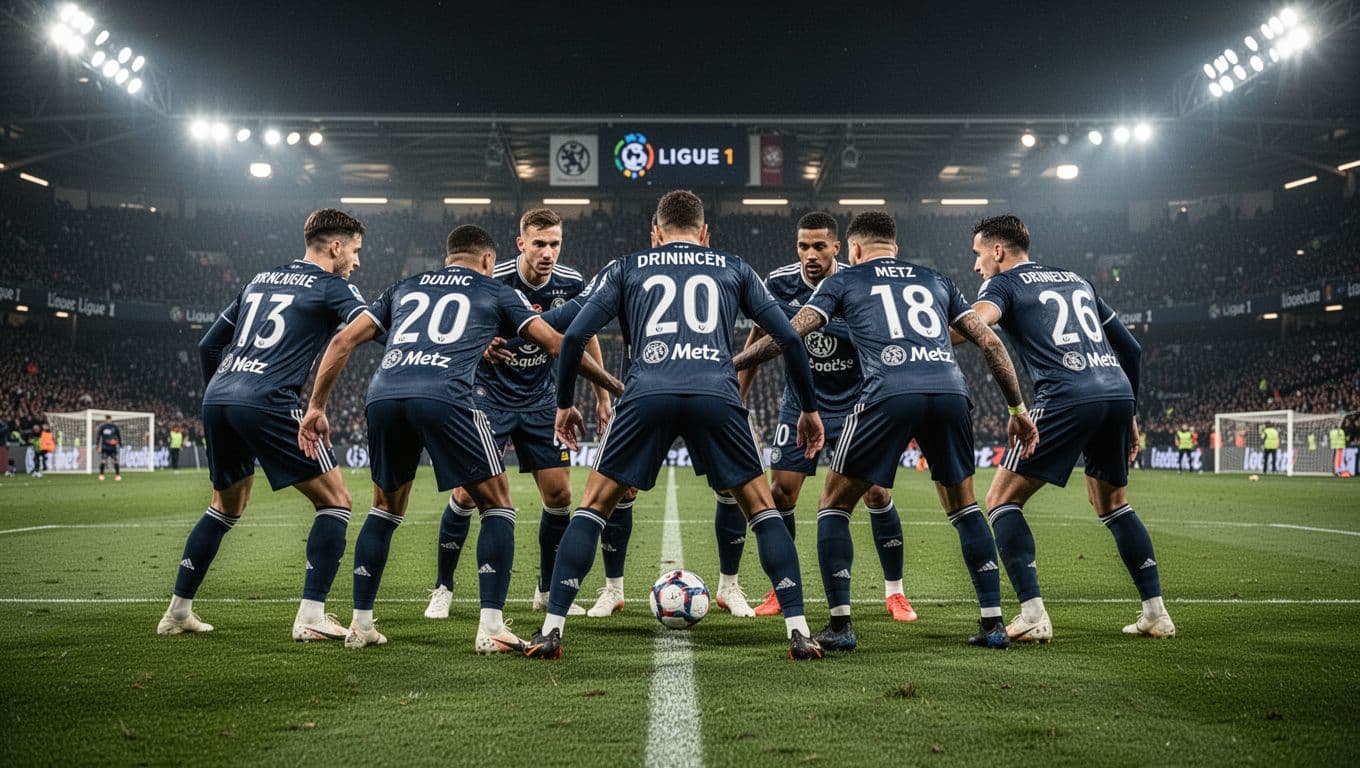 Six Metz players in tight defensive formation block a ball on green Ligue 1 pitch under night stadium lights.