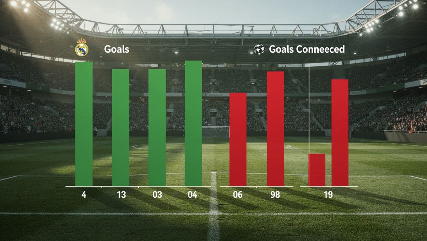 Bar chart with green bars for Metz goals scored and red bars for goals conceded on faint stadium background.