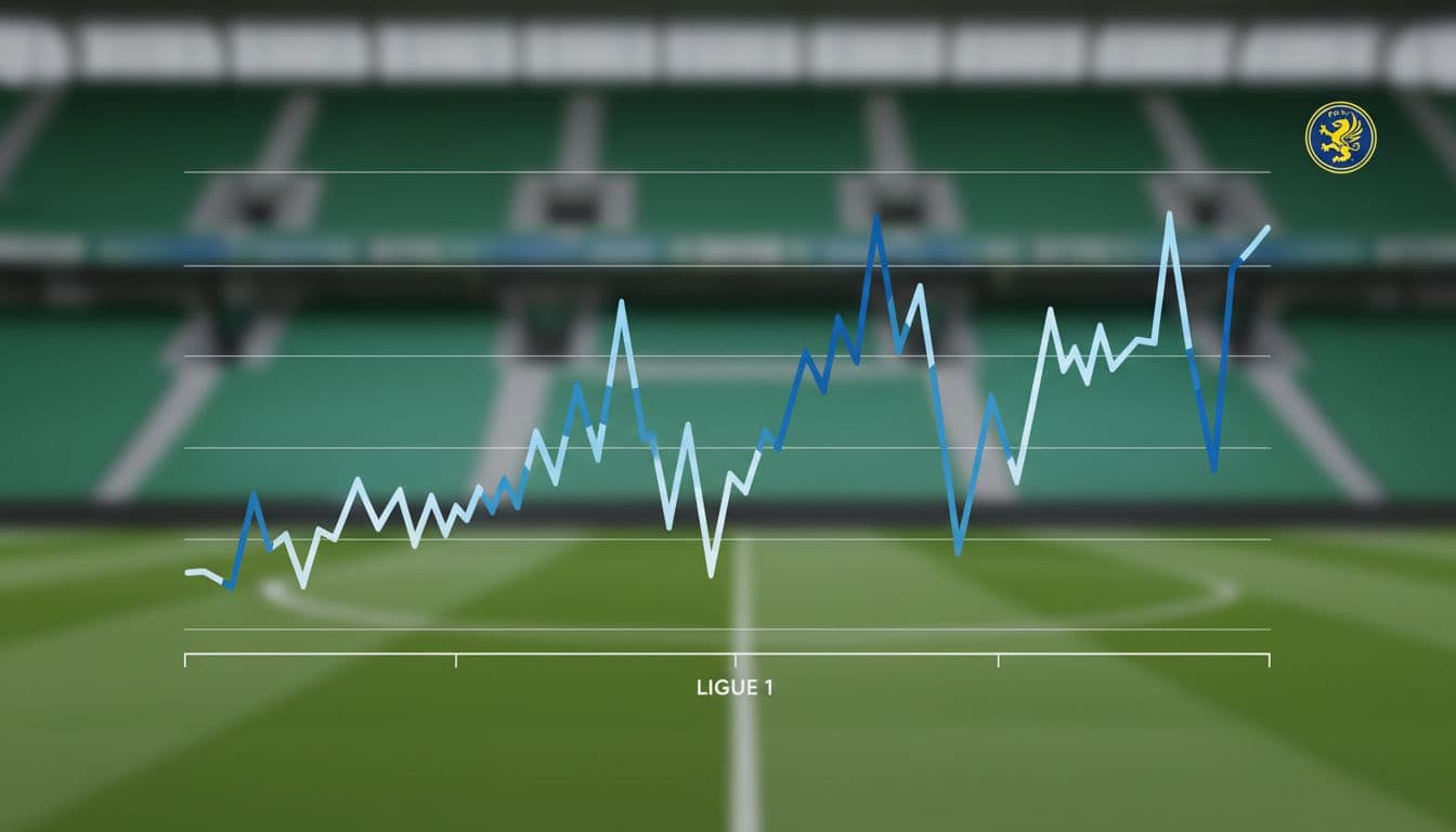 Central line graph shows Metz's fluctuating points accumulation over Ligue 1 weeks on faint green stadium background with small corner logo.