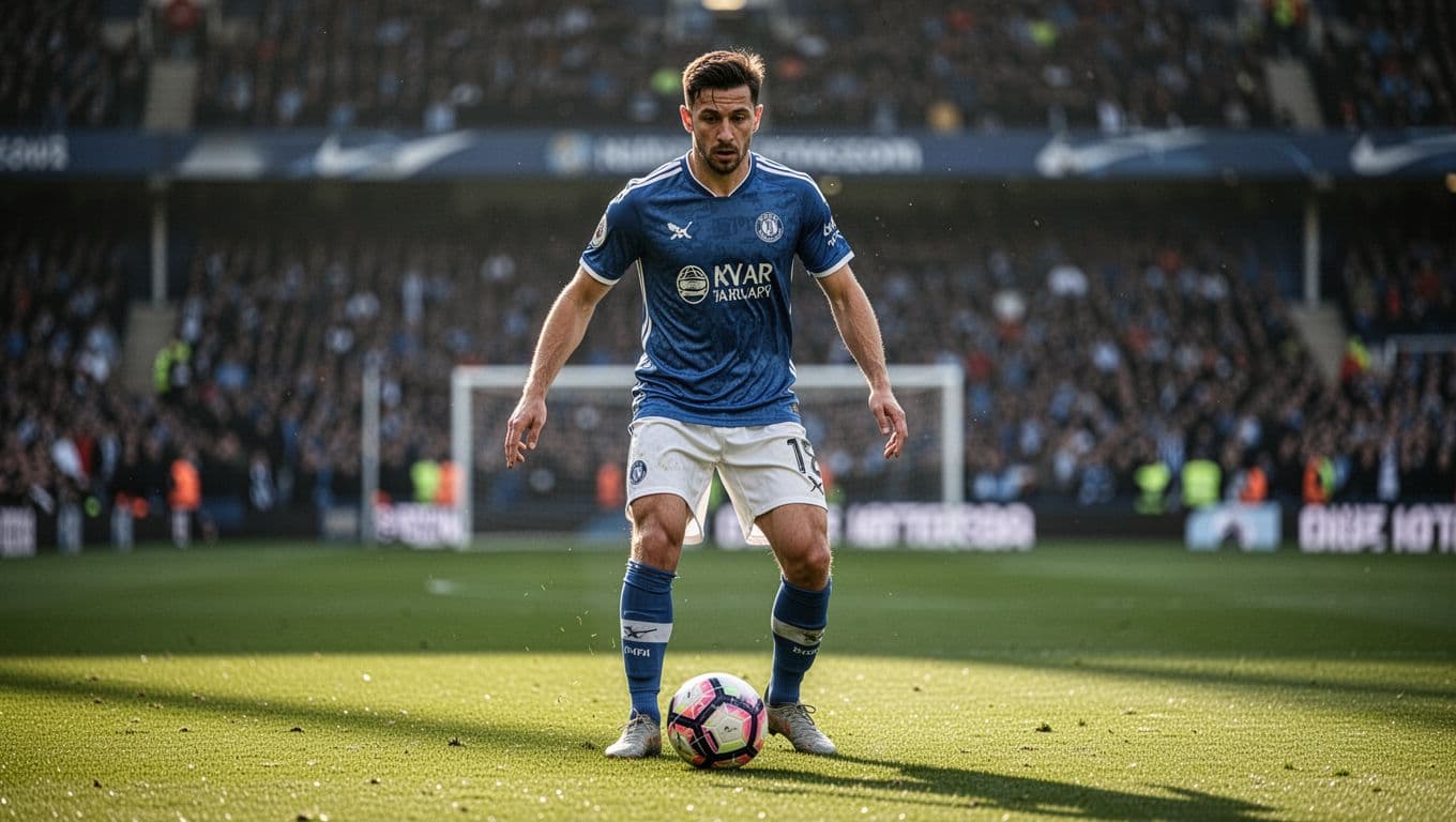 Metz midfielder stands with ball at feet in midfield, focused expression, blurred teammate in background on green stadium field.