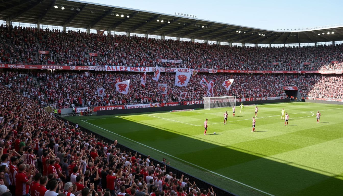Packed Metz stadium with standing fans clapping for Metz players attacking on green field under sunny sky.