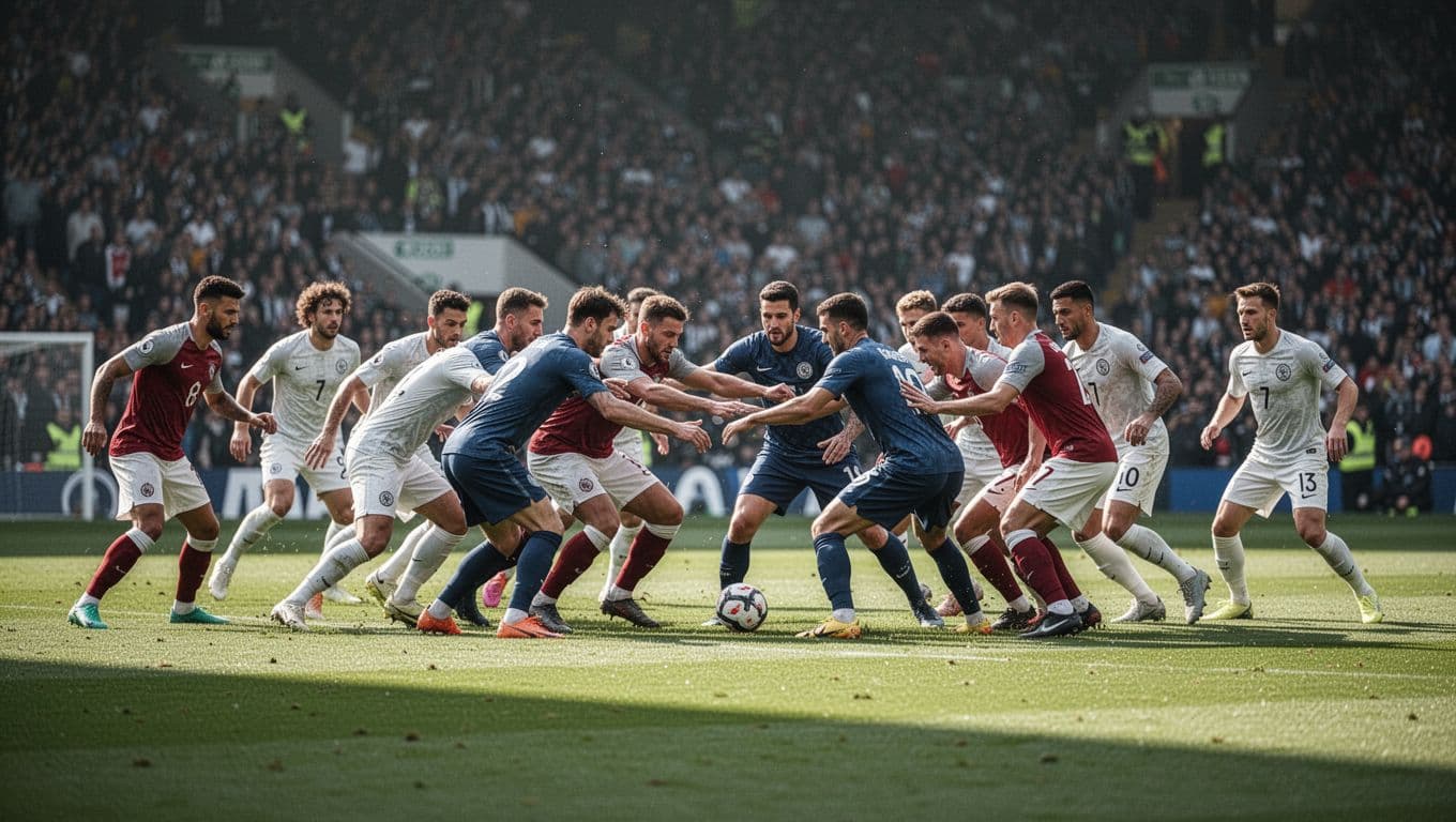 Metz players in tight formation defend midfield against Ligue 1 opponents on green pitch in packed stadium.
