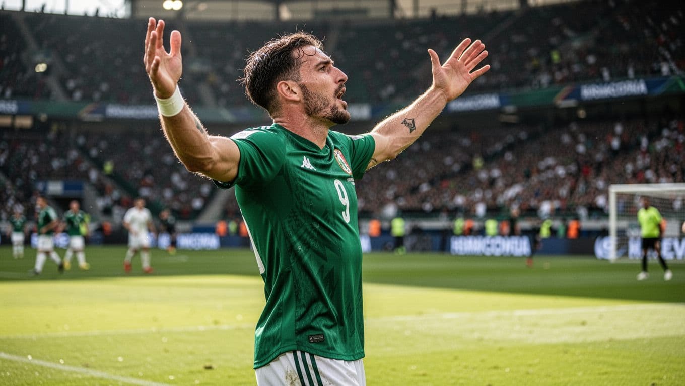 A professional athlete wearing a bright green Mexico national team kit celebrates with arms outstretched on a manicured grass pitch. Bright stadium floodlights create a dramatic atmosphere during the intense match.