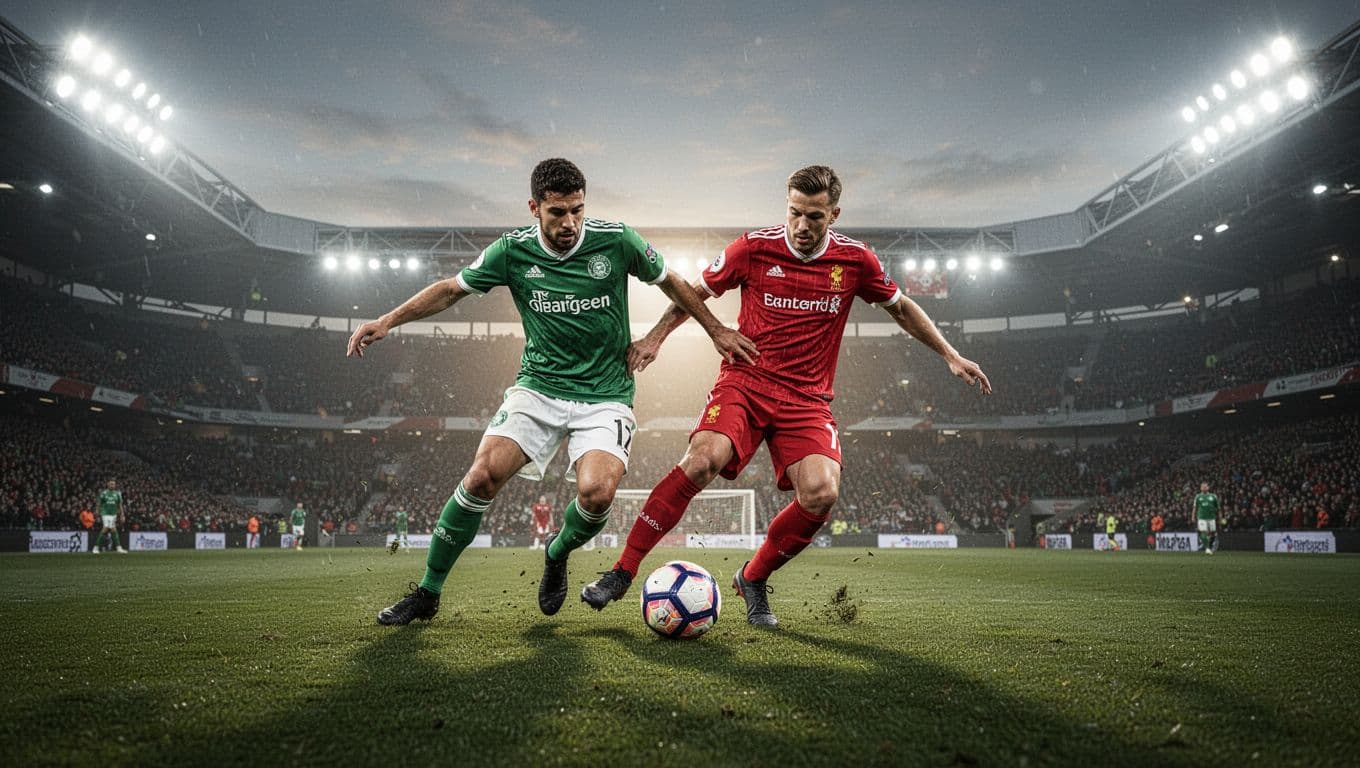 Players in green and red jerseys sprint across the lush green pitch while competing for ball possession. Bright stadium floodlights illuminate the intense competition under the evening sky during the game.