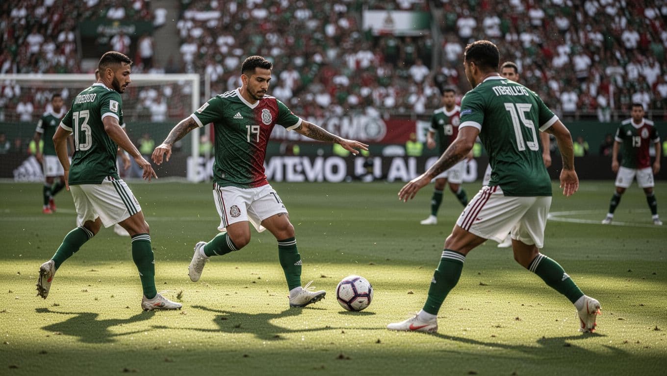 A Mexican midfielder carefully executes a short pass across the green grass during a professional match. Teammates position themselves in the background, demonstrating a highly organized and disciplined attacking strategy.