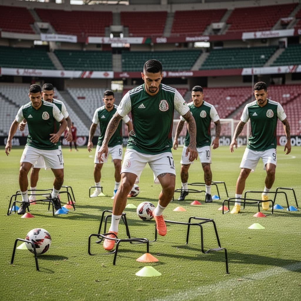 Professional football players wearing green jerseys perform agility drills on a sunny stadium pitch.
